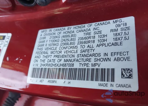 2018 Honda Cr-V Ex from USA, damaged, VIN 2HKRW2H5XJH687008